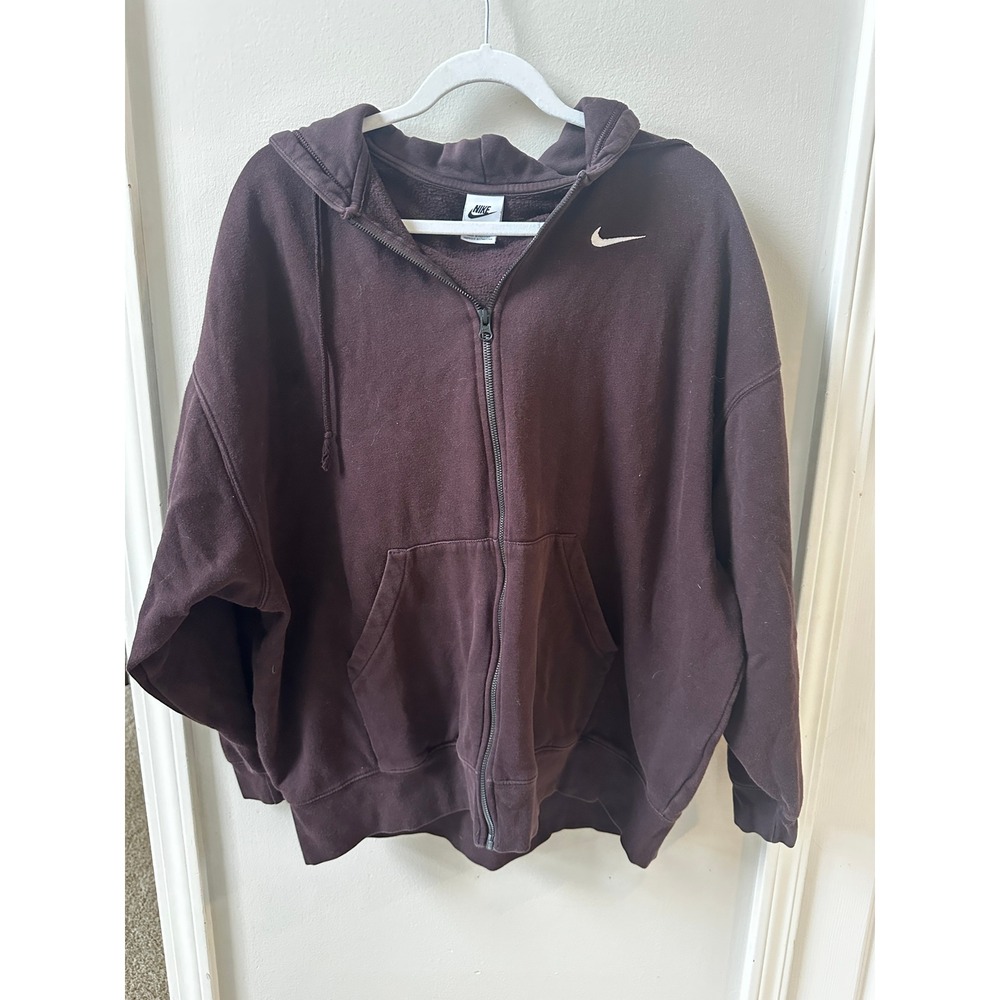 Nike Mens Fleece Full Zip Hoodie Brown Embroidered Swoosh Logo Size Small